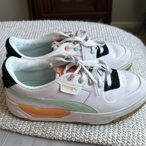 Puma Women's White Sneakers with Green and Orange Accents, size 10